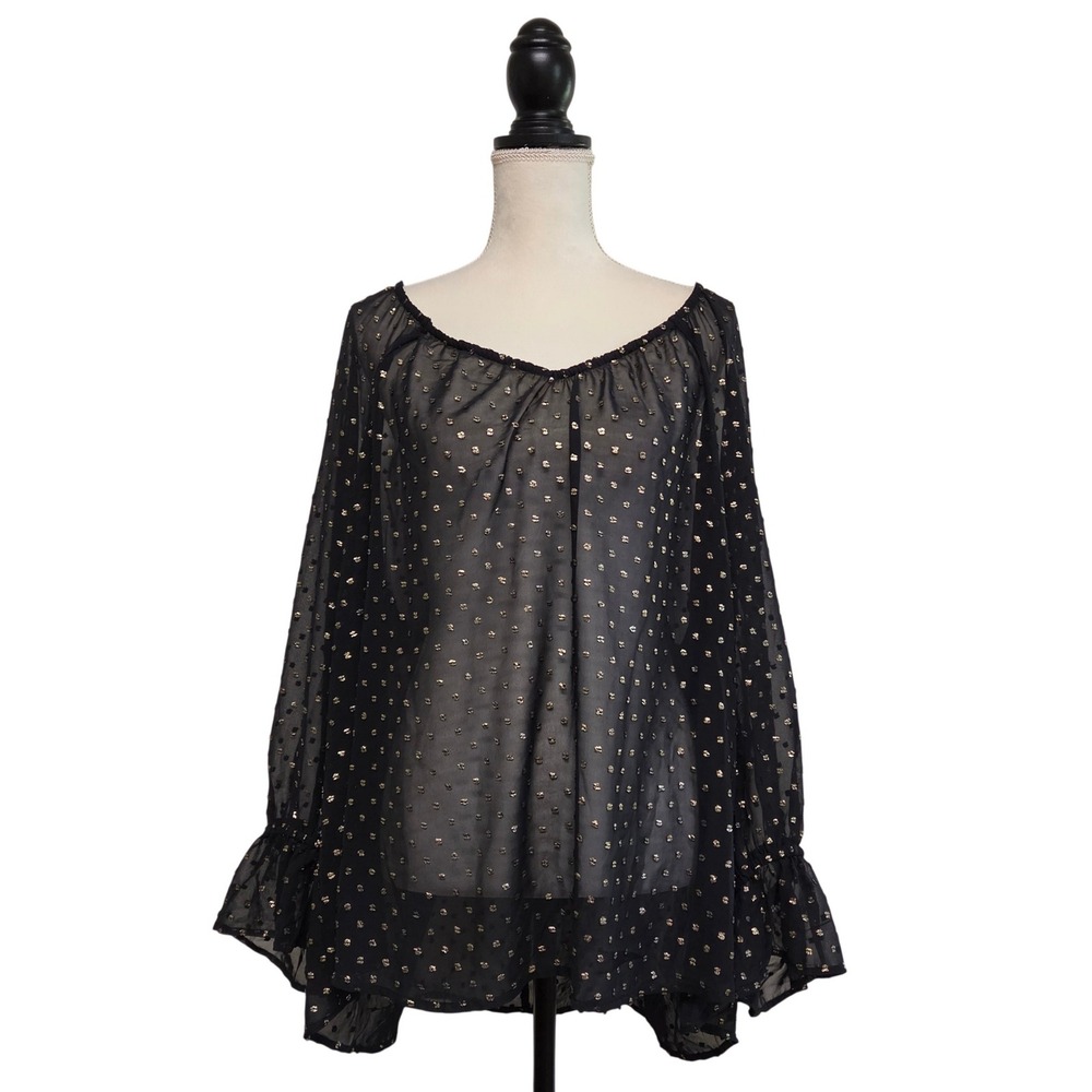 Lane Bryant Sheer Black Gold Swiss Dot Ruffle Cuff Sleeve Top 22/24 Whimsigoth